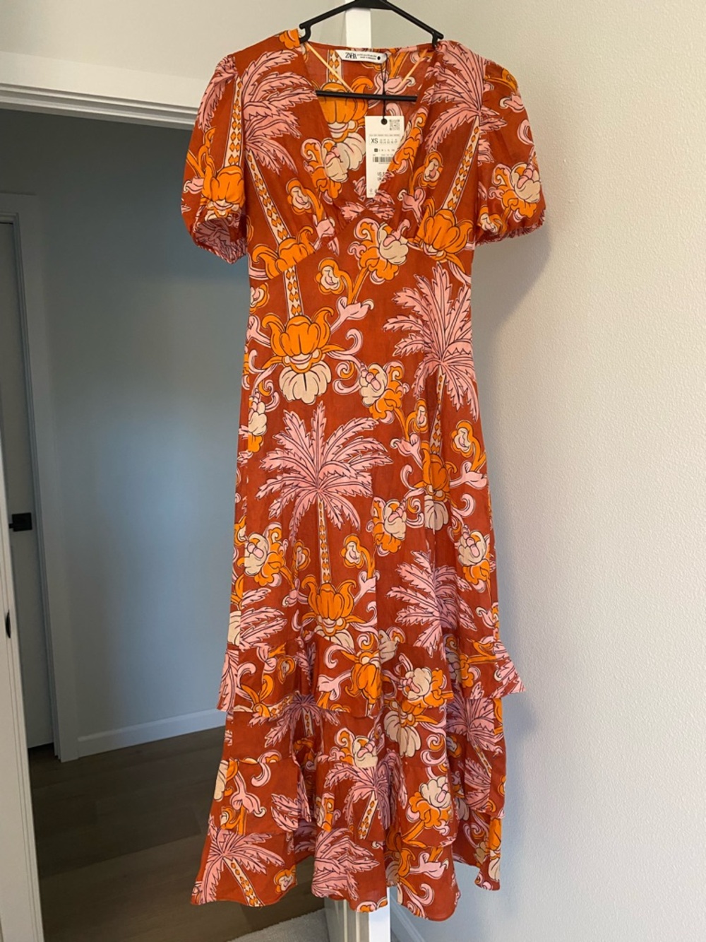 Zara 100% Cotton Printed Ruffle Dress Size XS - Picture 3 of 6